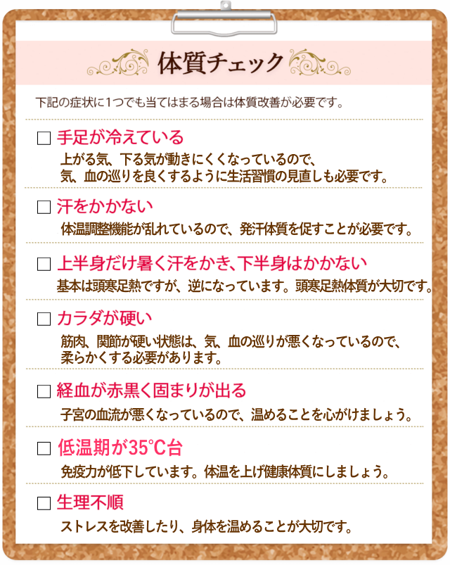 不妊体質チェック～すずらん鍼灸院の体質チェック表